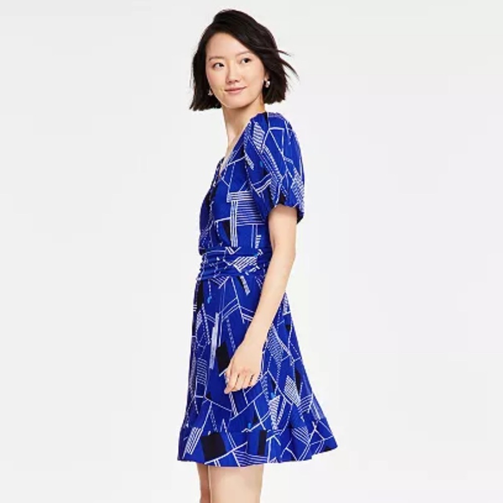 Karl Lagerfeld Paris Geometric Print Wrap Mini Dress Royal Blue Womens Size 12 - Picture 2 of 9